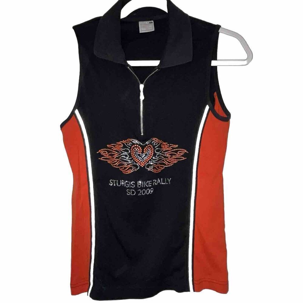 Vance Biker Wear Top Women’s Size Large Sleeveless Collar Sturgis 2009 Bling Zip